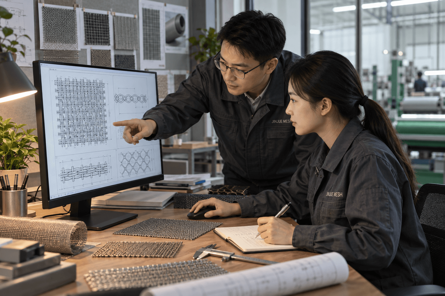 Jinjue Mesh engineers reviewing a technical mesh drawing
