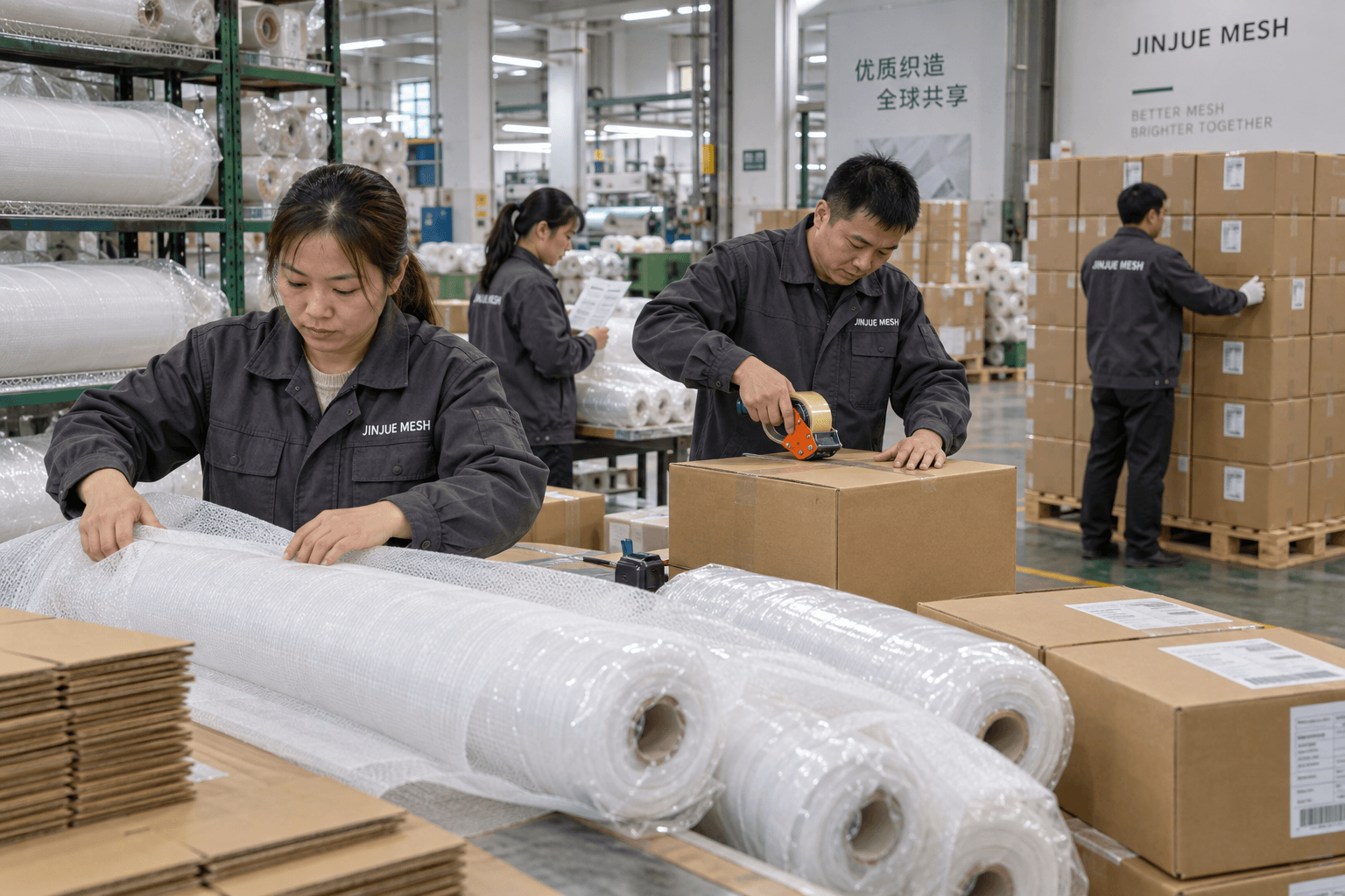 Jinjue Mesh employees packing finished mesh orders